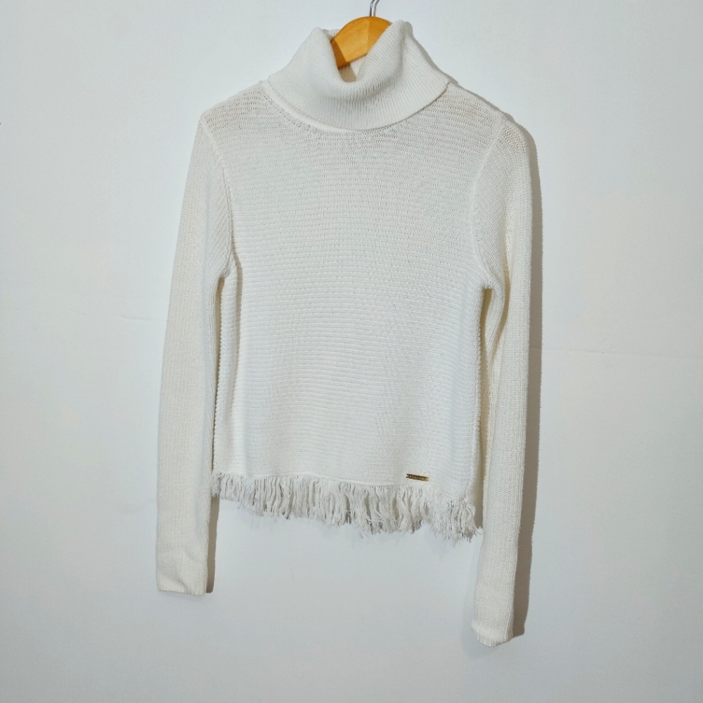 Michael Kors Classy White Knit Turtle Neck Sweater Fringe Hem Sz Small